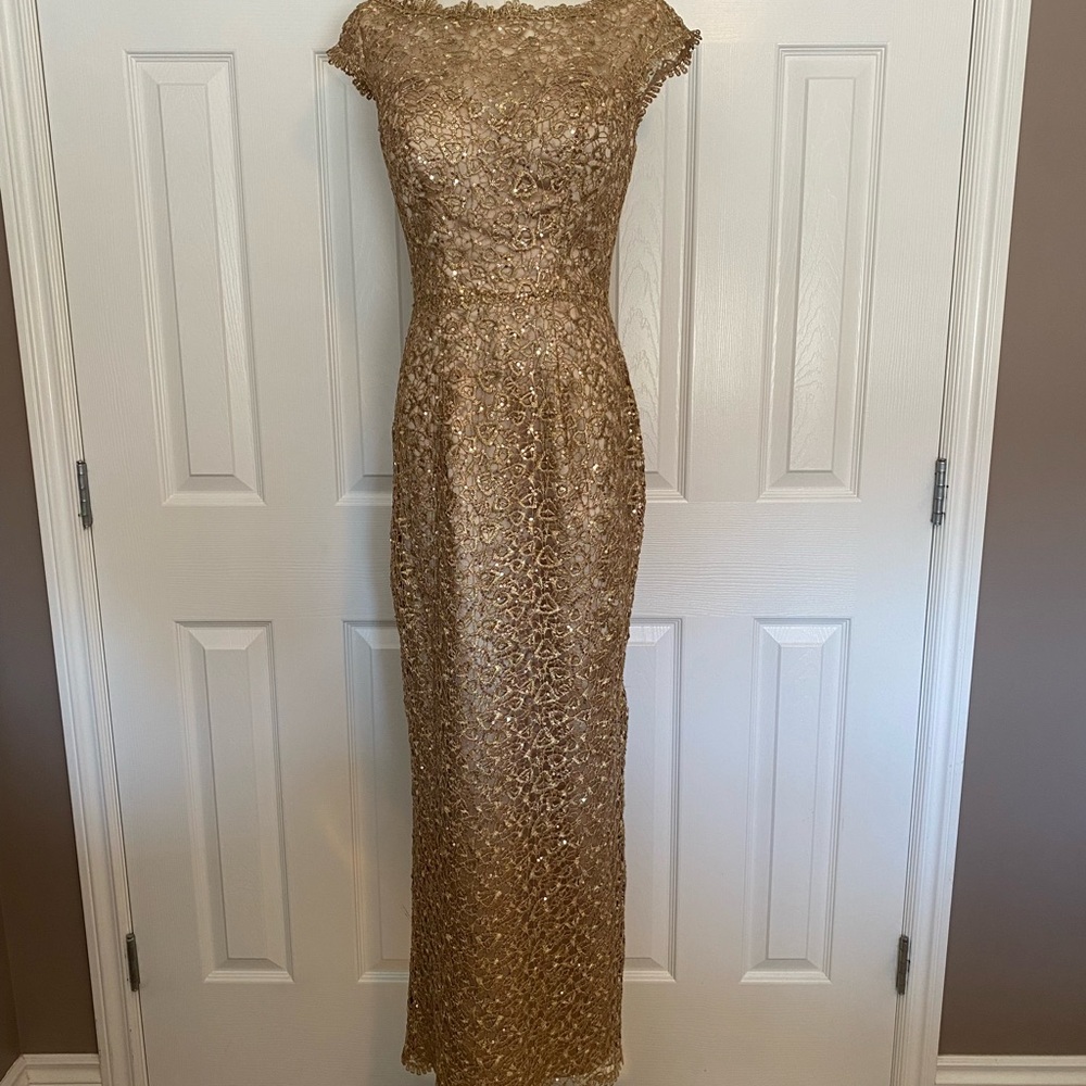 Montage by Mon Cheri Gold Sequin Lace Maxi Gown